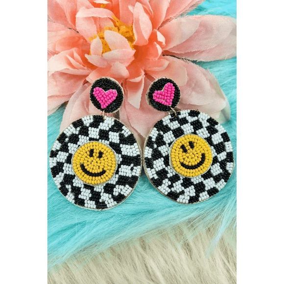 Black and White Checker Happy Face Seed Bead Earrings - Picture 1 of 3